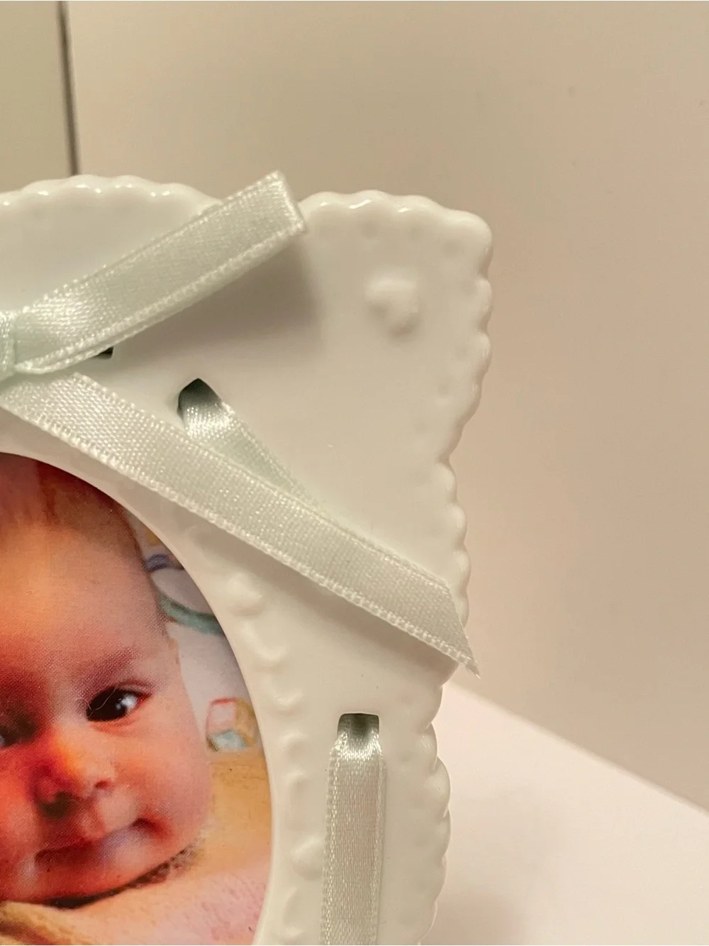 Vintage Russ Berrie Porcelain Baby Frame Blue Ribbon Holds 2.5 X 3.5 Photo